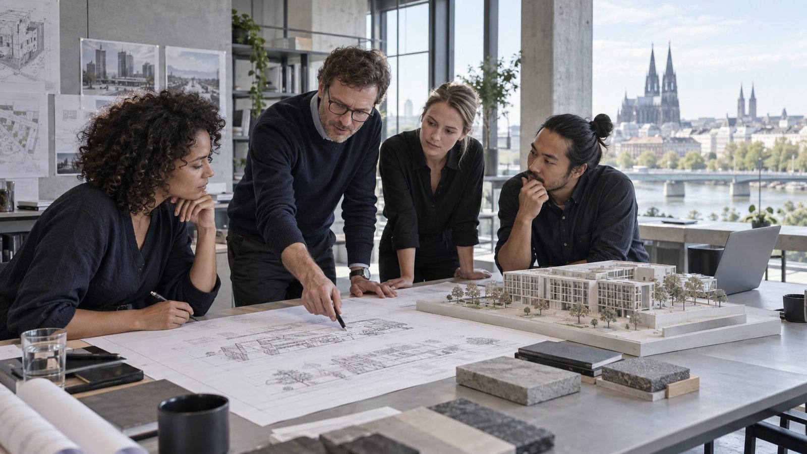 Architekturteam prüft Pläne und ein Modell im Planungsbüro