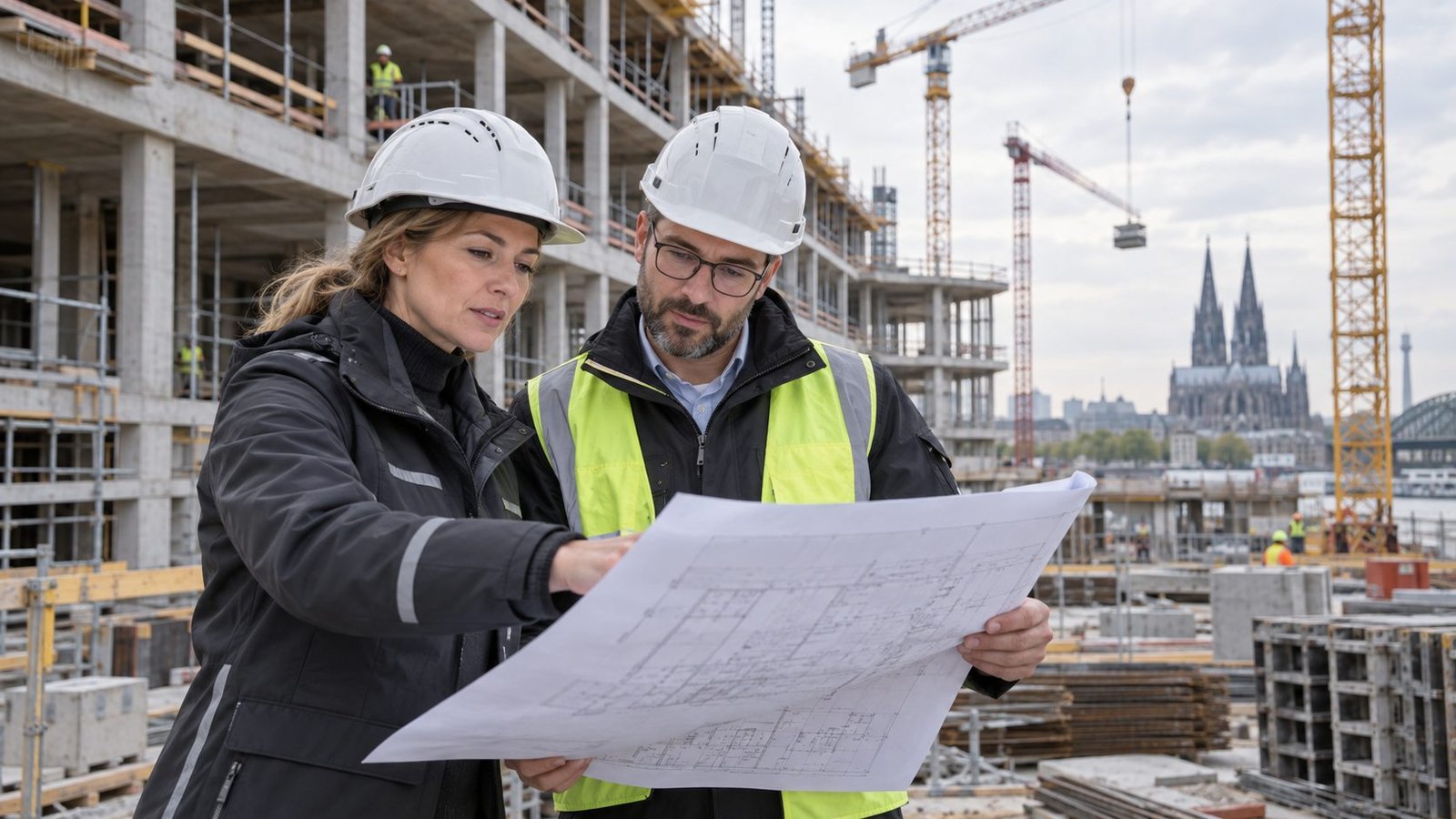Bauleiterin und Ingenieur prüfen Baupläne auf einer größeren Baustelle