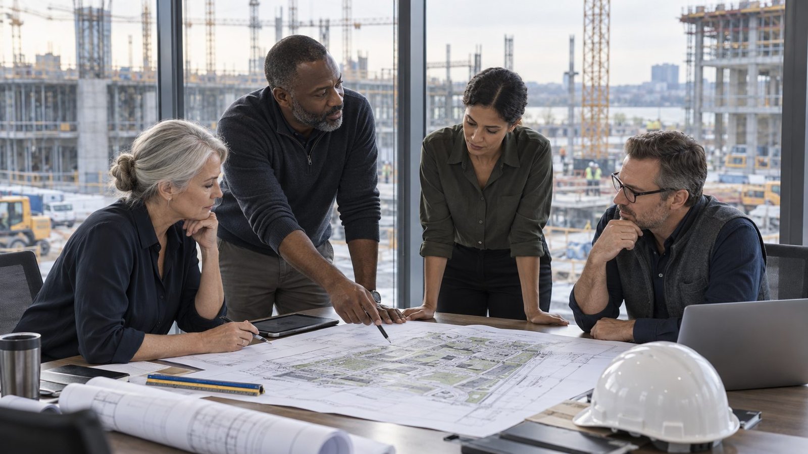 Projektverantwortliche besprechen Baupläne mit Blick auf eine Baustelle