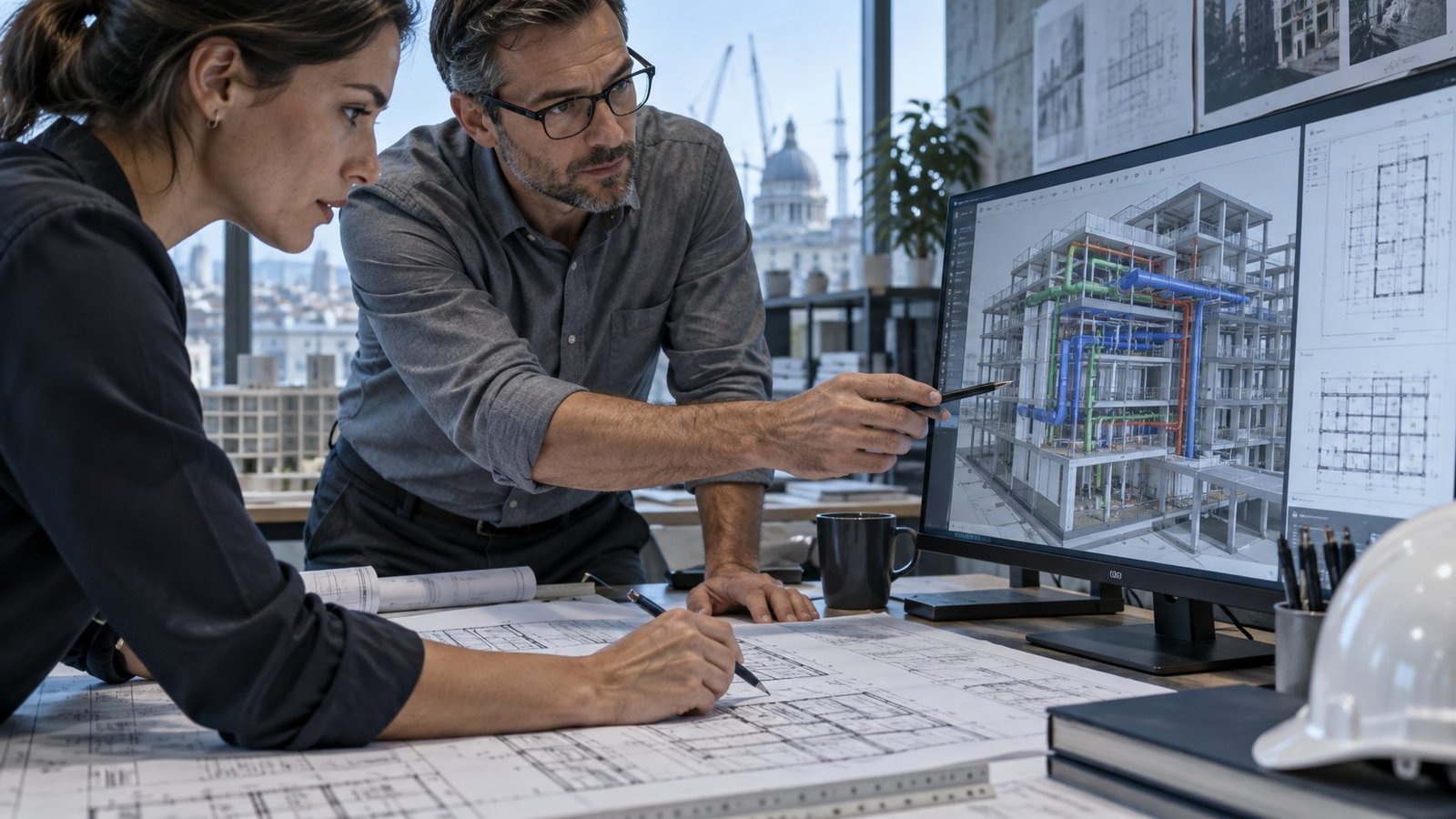Bauingenieur und Planerin arbeiten an Bauplänen und Gebäudetechnik